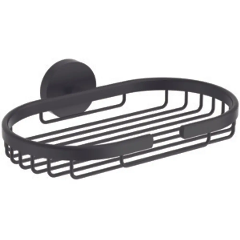 Seifenkorb aus metallischem Material in Schwarz, montiert an einer runden Wandhalterung, Produkt von Ideal Standard. Ideal zur Aufbewahrung von Seifen oder Pflegeprodukten.